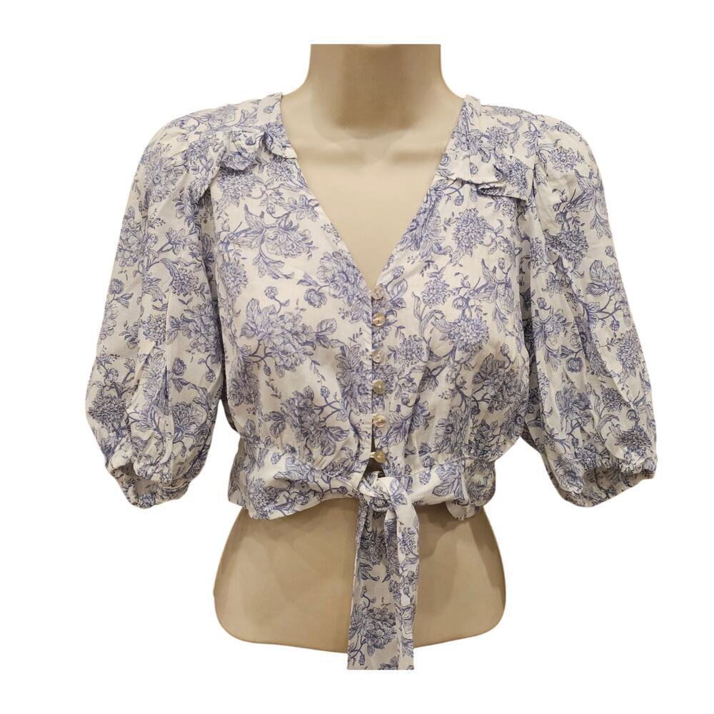 Cynthia Rowley cottagecore coquette puff sleeve crop tie front linen blend top S